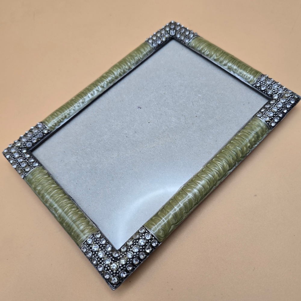 Sage Green Enamel and Rhinestone Picture Frame Vintage Style 4x6 Tabletop Decor - Picture 4 of 16